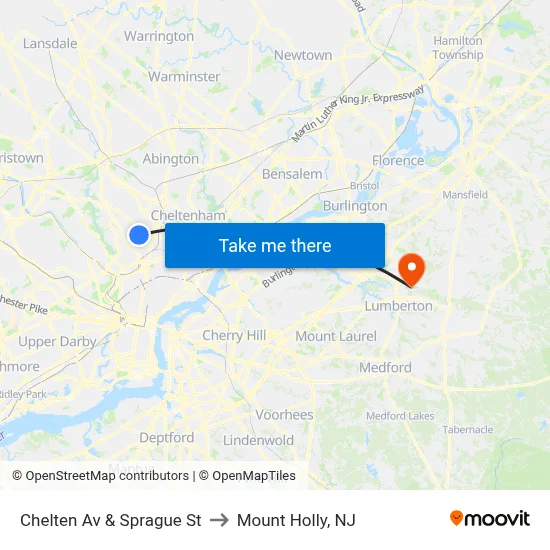 Chelten Av & Sprague St to Mount Holly, NJ map