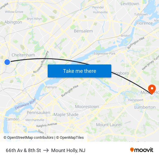 66th Av & 8th St to Mount Holly, NJ map