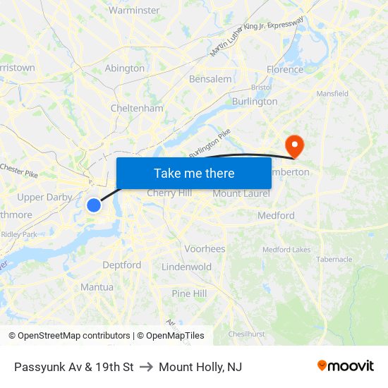Passyunk Av & 19th St to Mount Holly, NJ map