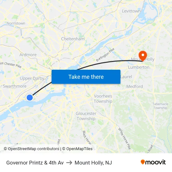 Governor Printz & 4th Av to Mount Holly, NJ map
