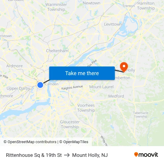 Rittenhouse Sq & 19th St to Mount Holly, NJ map