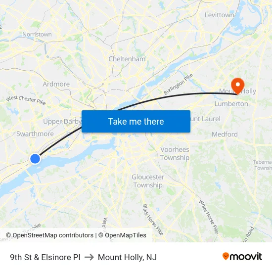 9th St & Elsinore Pl to Mount Holly, NJ map