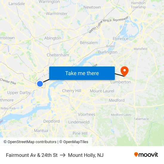 Fairmount Av & 24th St to Mount Holly, NJ map