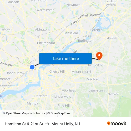 Hamilton St & 21st St to Mount Holly, NJ map