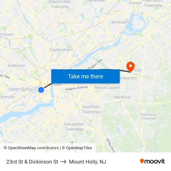 23rd St & Dickinson St to Mount Holly, NJ map