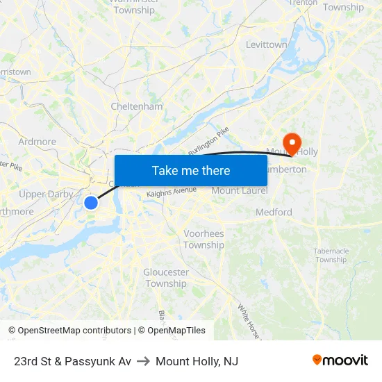 23rd St & Passyunk Av to Mount Holly, NJ map