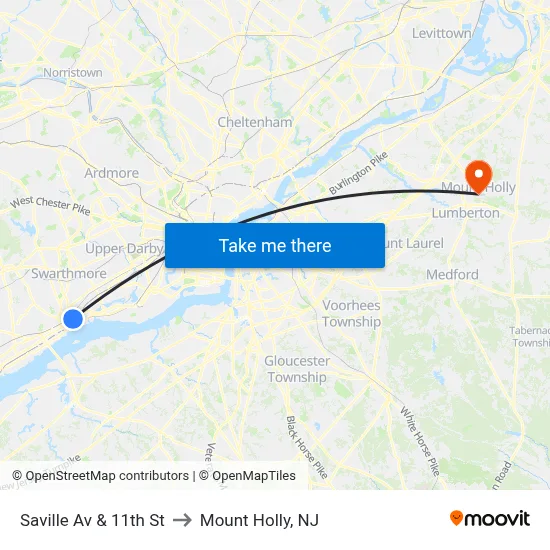 Saville Av & 11th St to Mount Holly, NJ map