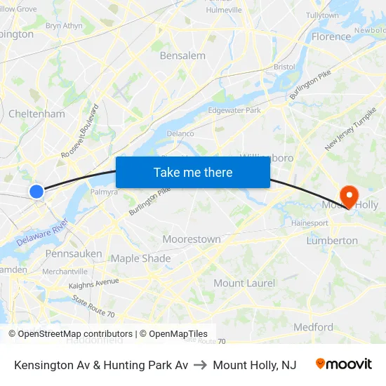 Kensington Av & Hunting Park Av to Mount Holly, NJ map
