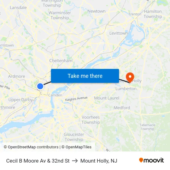 Cecil B Moore Av & 32nd St to Mount Holly, NJ map