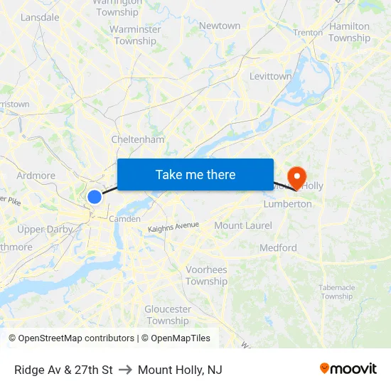 Ridge Av & 27th St to Mount Holly, NJ map
