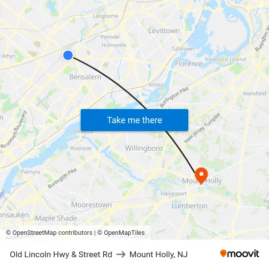 Old Lincoln Hwy & Street Rd to Mount Holly, NJ map