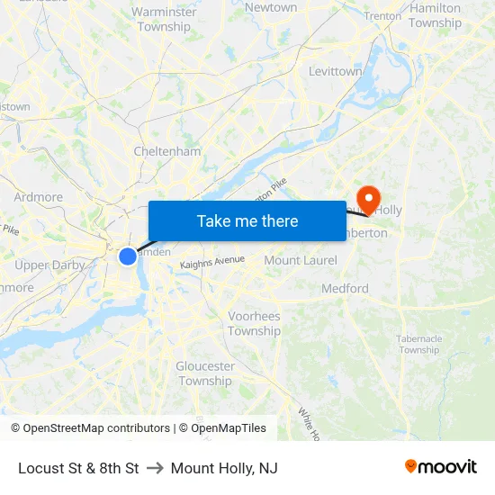 Locust St & 8th St to Mount Holly, NJ map