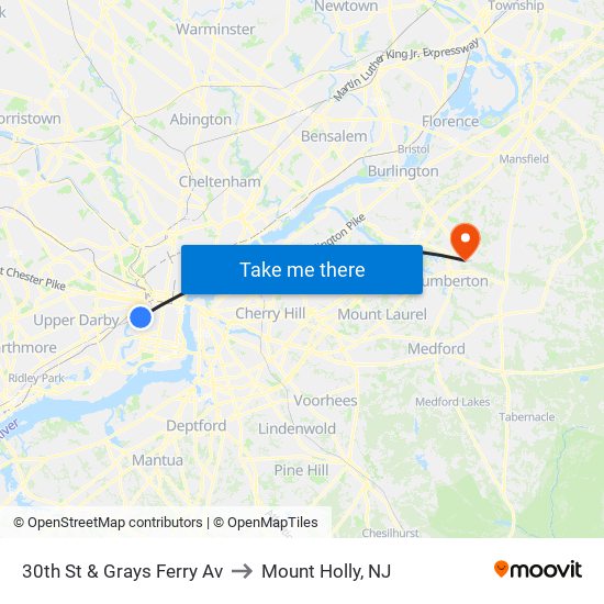 30th St & Grays Ferry Av to Mount Holly, NJ map