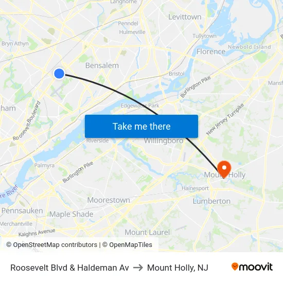 Roosevelt Blvd & Haldeman Av to Mount Holly, NJ map