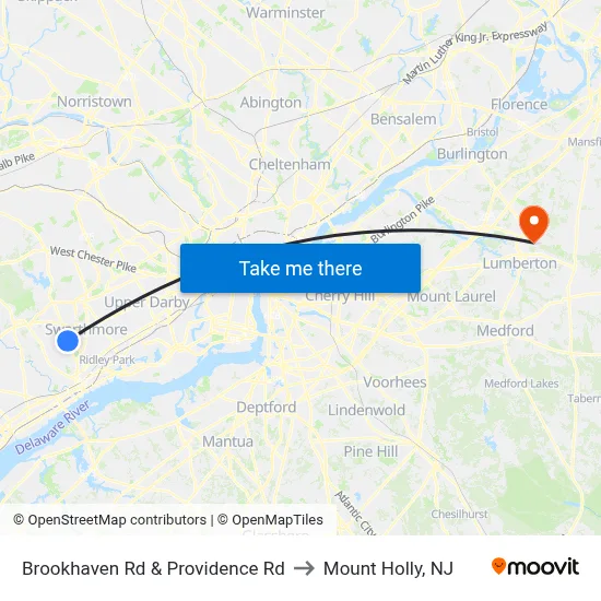 Brookhaven Rd & Providence Rd to Mount Holly, NJ map
