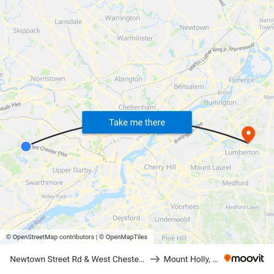 Newtown Street Rd & West Chester Pk to Mount Holly, NJ map