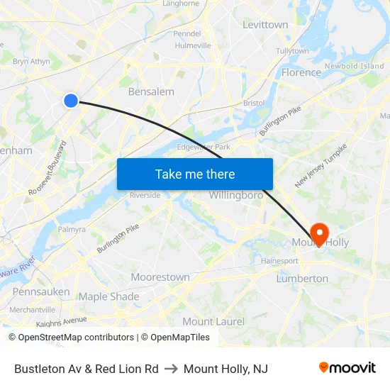 Bustleton Av & Red Lion Rd to Mount Holly, NJ map