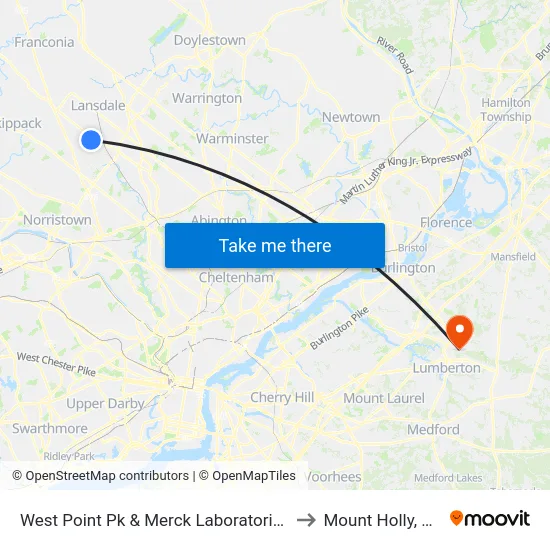 West Point Pk & Merck Laboratories to Mount Holly, NJ map