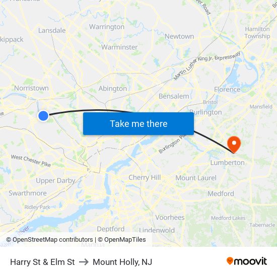 Harry St & Elm St to Mount Holly, NJ map