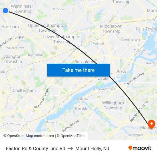 Easton Rd & County Line Rd to Mount Holly, NJ map