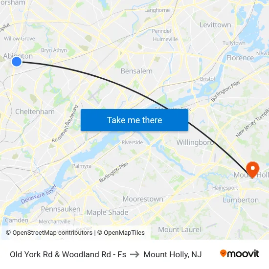 Old York Rd & Woodland Rd - Fs to Mount Holly, NJ map