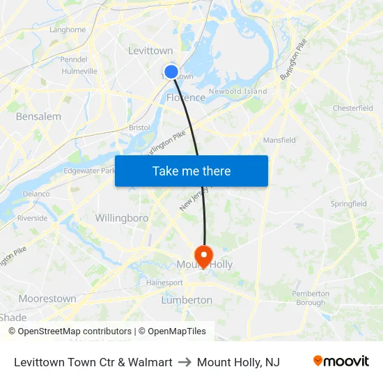 Levittown Town Ctr & Walmart to Mount Holly, NJ map