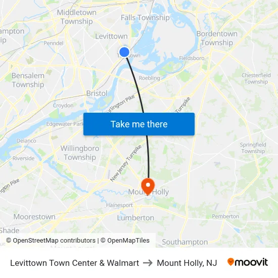 Levittown Town Center & Walmart to Mount Holly, NJ map