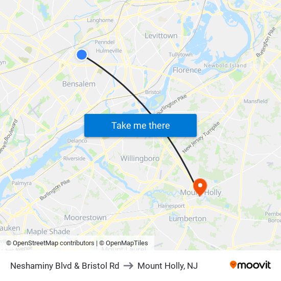 Neshaminy Blvd & Bristol Rd to Mount Holly, NJ map