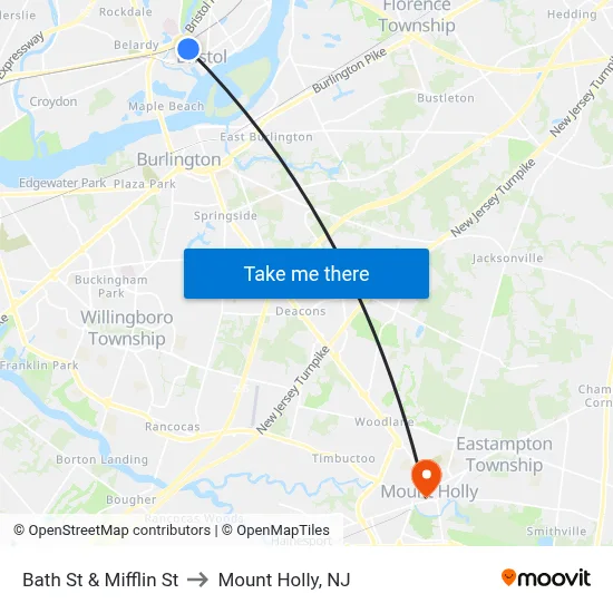 Bath St & Mifflin St to Mount Holly, NJ map
