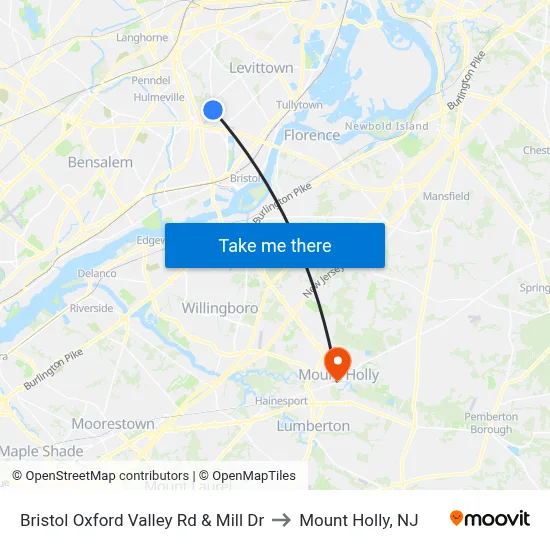 Bristol Oxford Valley Rd & Mill Dr to Mount Holly, NJ map