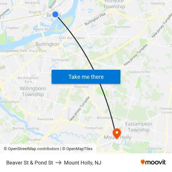 Beaver St & Pond St to Mount Holly, NJ map