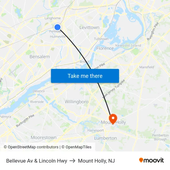 Bellevue Av & Lincoln Hwy to Mount Holly, NJ map