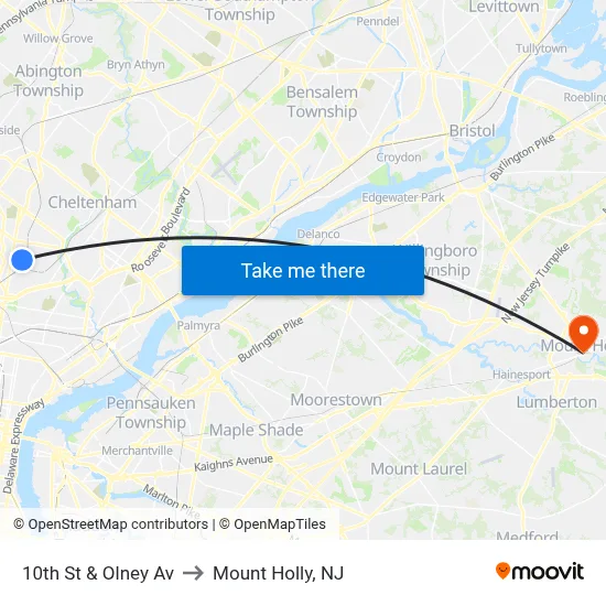 10th St & Olney Av to Mount Holly, NJ map