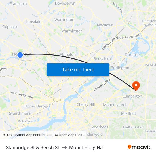 Stanbridge St & Beech St to Mount Holly, NJ map