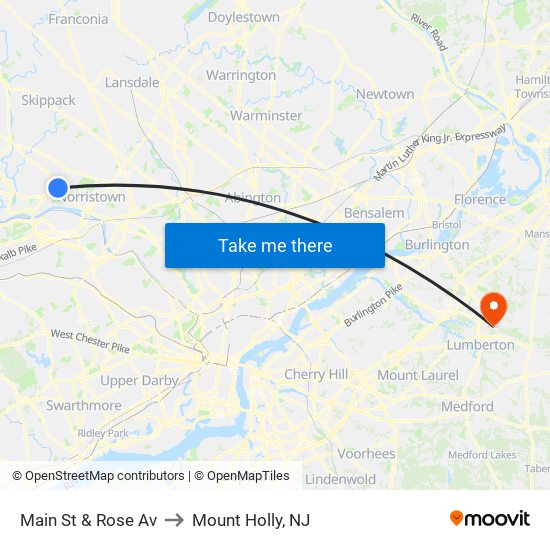 Main St & Rose Av to Mount Holly, NJ map