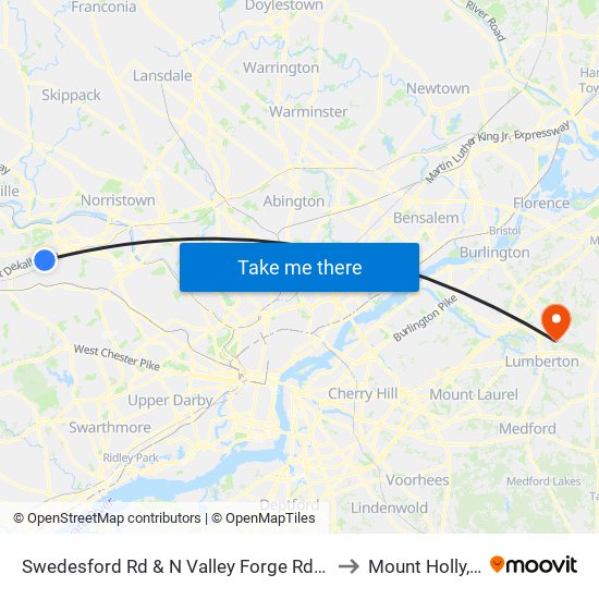 Swedesford Rd & N Valley Forge Rd - Mbfs to Mount Holly, NJ map