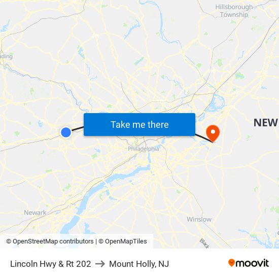 Lincoln Hwy & Rt 202 to Mount Holly, NJ map