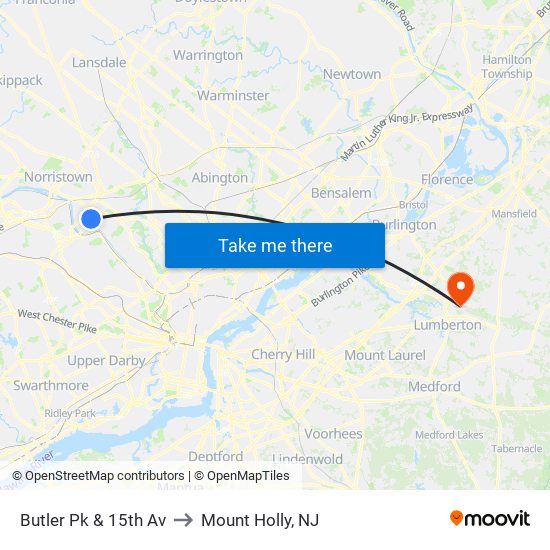 Butler Pk & 15th Av to Mount Holly, NJ map