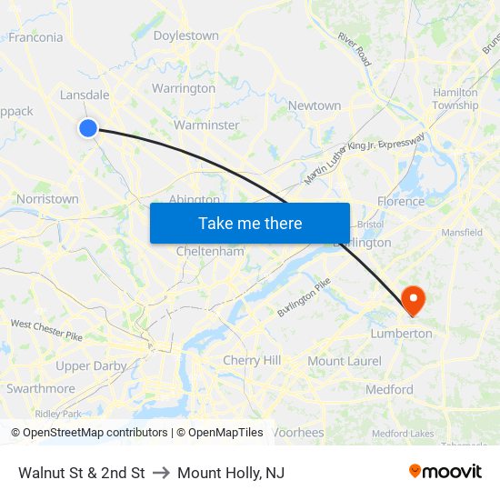 Walnut St & 2nd St to Mount Holly, NJ map