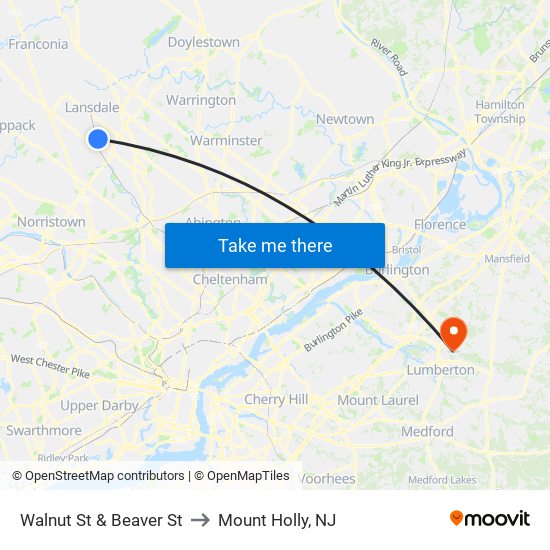 Walnut St & Beaver St to Mount Holly, NJ map