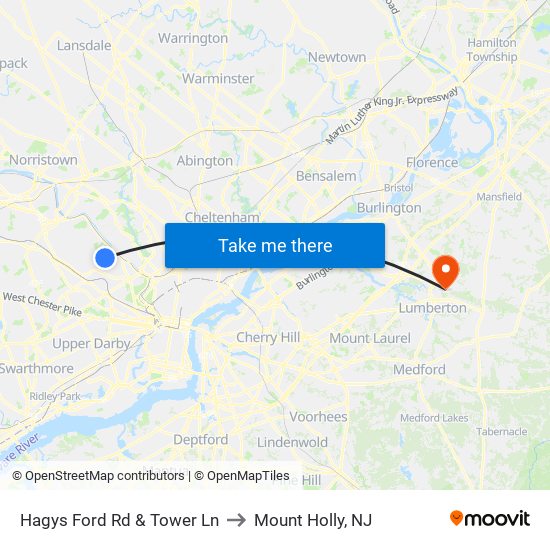 Hagys Ford Rd & Tower Ln to Mount Holly, NJ map