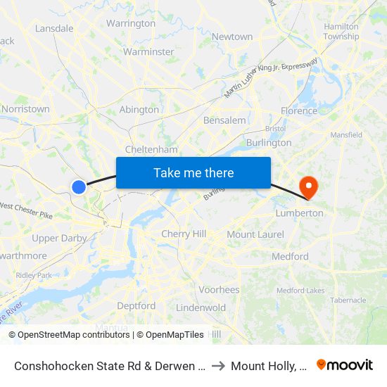 Conshohocken State Rd & Derwen Rd to Mount Holly, NJ map