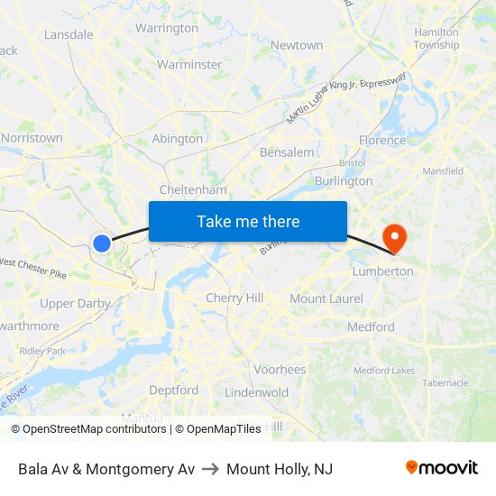 Bala Av & Montgomery Av to Mount Holly, NJ map
