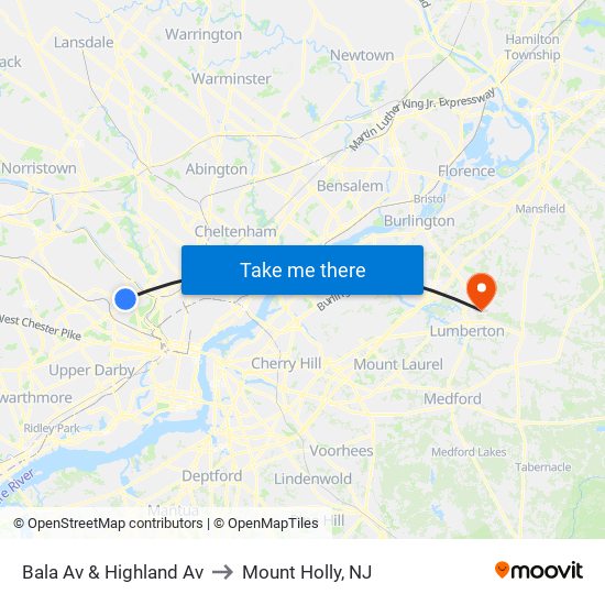 Bala Av & Highland Av to Mount Holly, NJ map