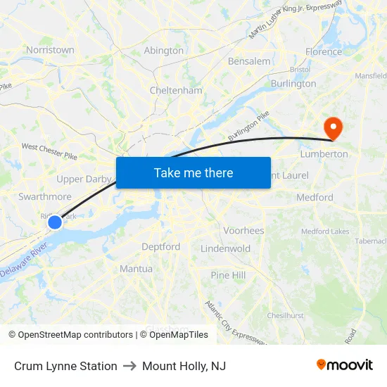 Crum Lynne Station to Mount Holly, NJ map
