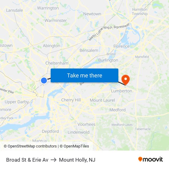Broad St & Erie Av to Mount Holly, NJ map