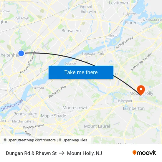 Dungan Rd & Rhawn St to Mount Holly, NJ map