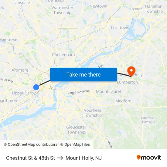 Chestnut St & 48th St to Mount Holly, NJ map
