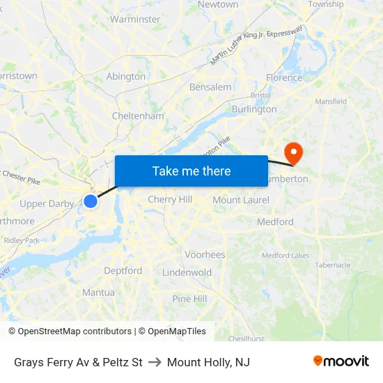 Grays Ferry Av & Peltz St to Mount Holly, NJ map
