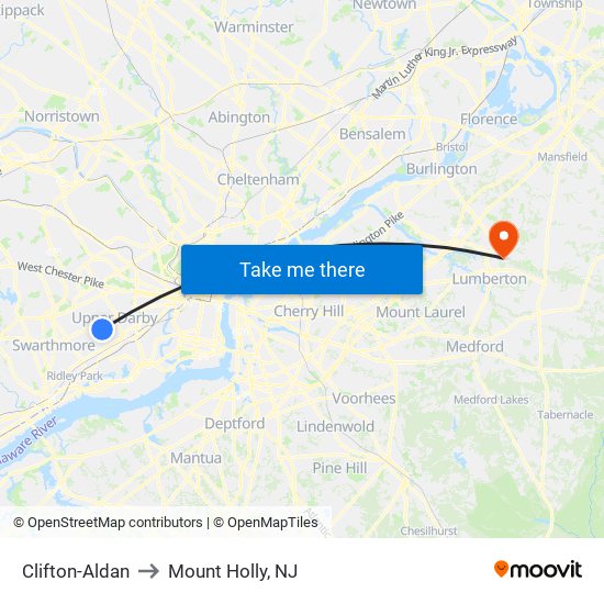 Clifton-Aldan to Mount Holly, NJ map